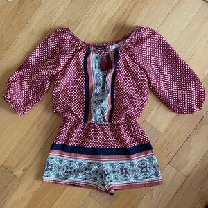 My Michelle Girls Red Geometric Print Off Shoulder Romper Tassel Tie Siz S Youth